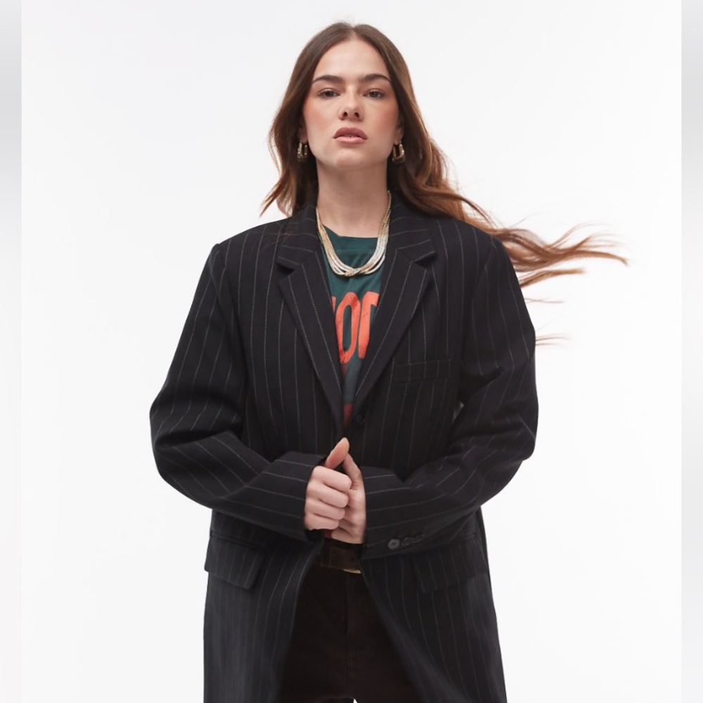 Topshop High Break Tailored Black Pinstripe Blazer